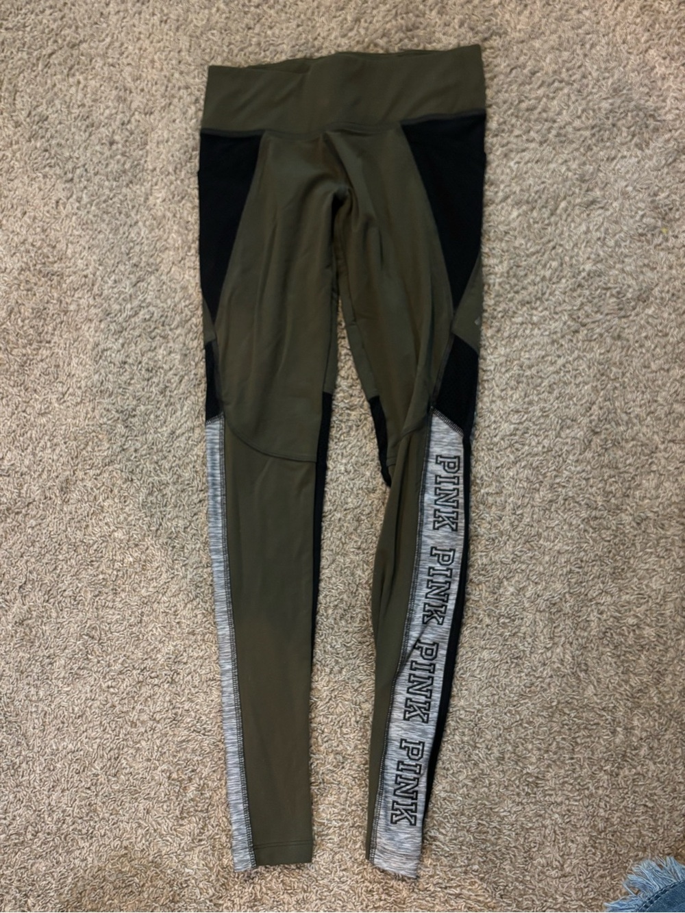 Victoria's Secret PINK Olive Green & Black Performance Leggings with Gray Accent